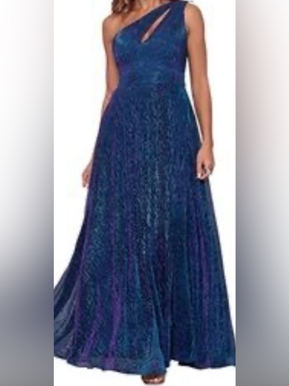Betsy & Adam Elegant One- Shoulder Metallic Navy Blue With Keyhole Dress